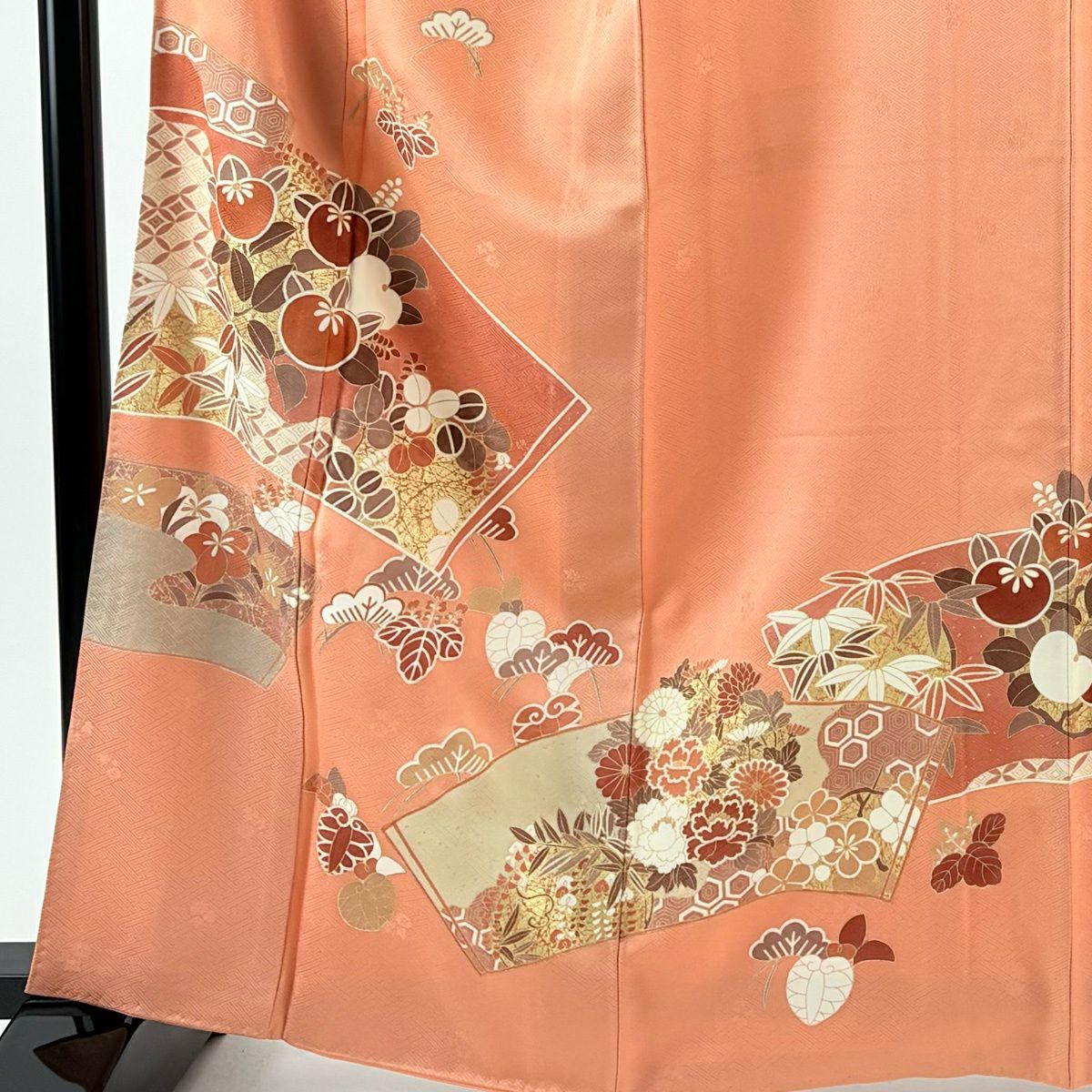 【美品】訪問服 身長163cm 袖長66cm M 雙層 扇子面 橘 金銀彩 鮭粉色 純蠶絲 秀品級