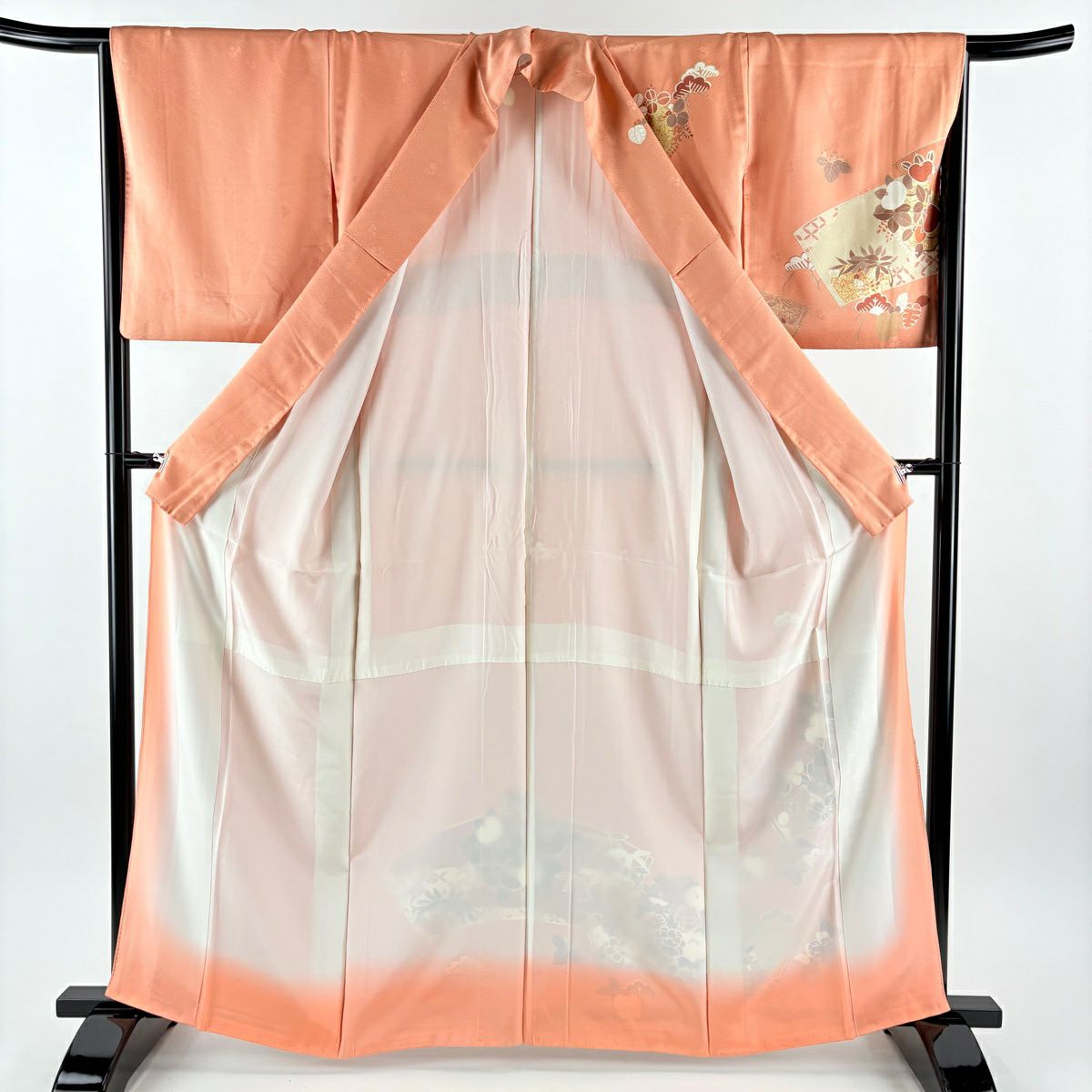 【美品】訪問服 身長163cm 袖長66cm M 雙層 扇子面 橘 金銀彩 鮭粉色 純蠶絲 秀品級