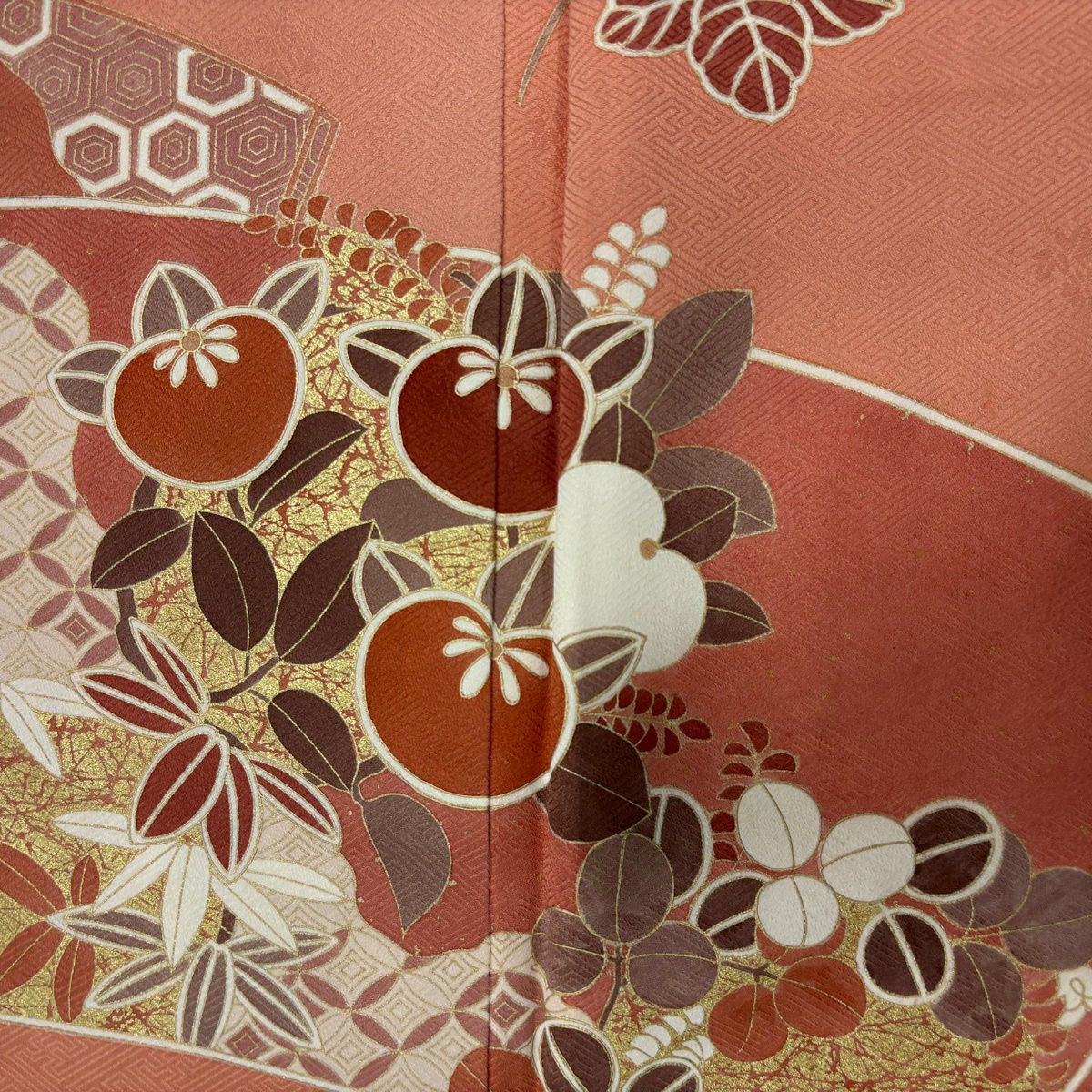 【美品】訪問服 身長163cm 袖長66cm M 雙層 扇子面 橘 金銀彩 鮭粉色 純蠶絲 秀品級