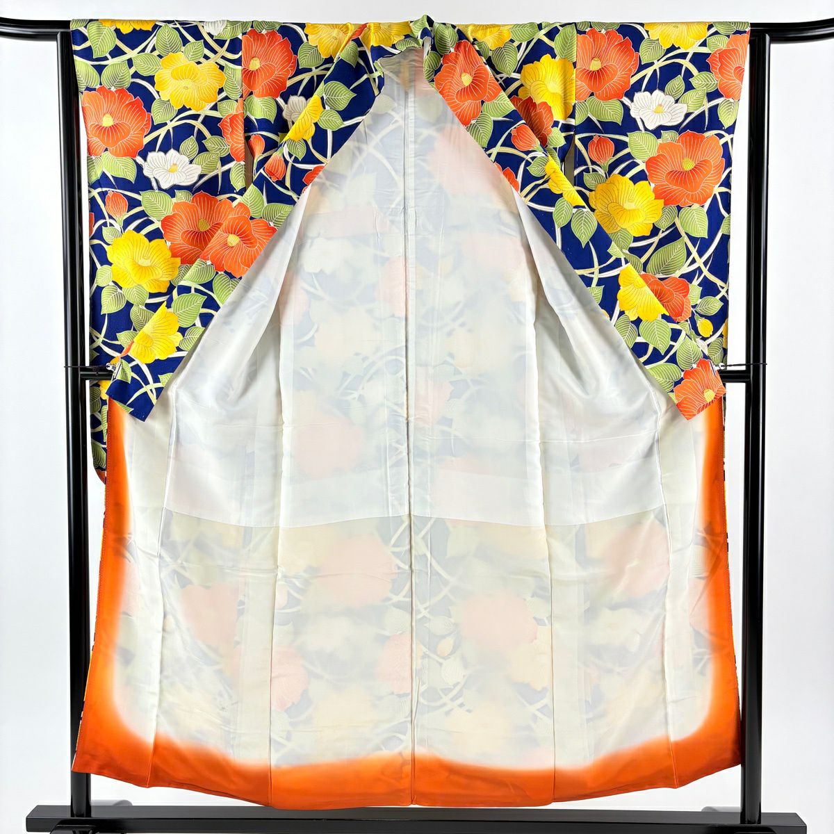 振袖禮服 身長153.5cm 袖長63.5cm S 雙層 椿 金銀彩 深藍 純蠶絲 秀品級
