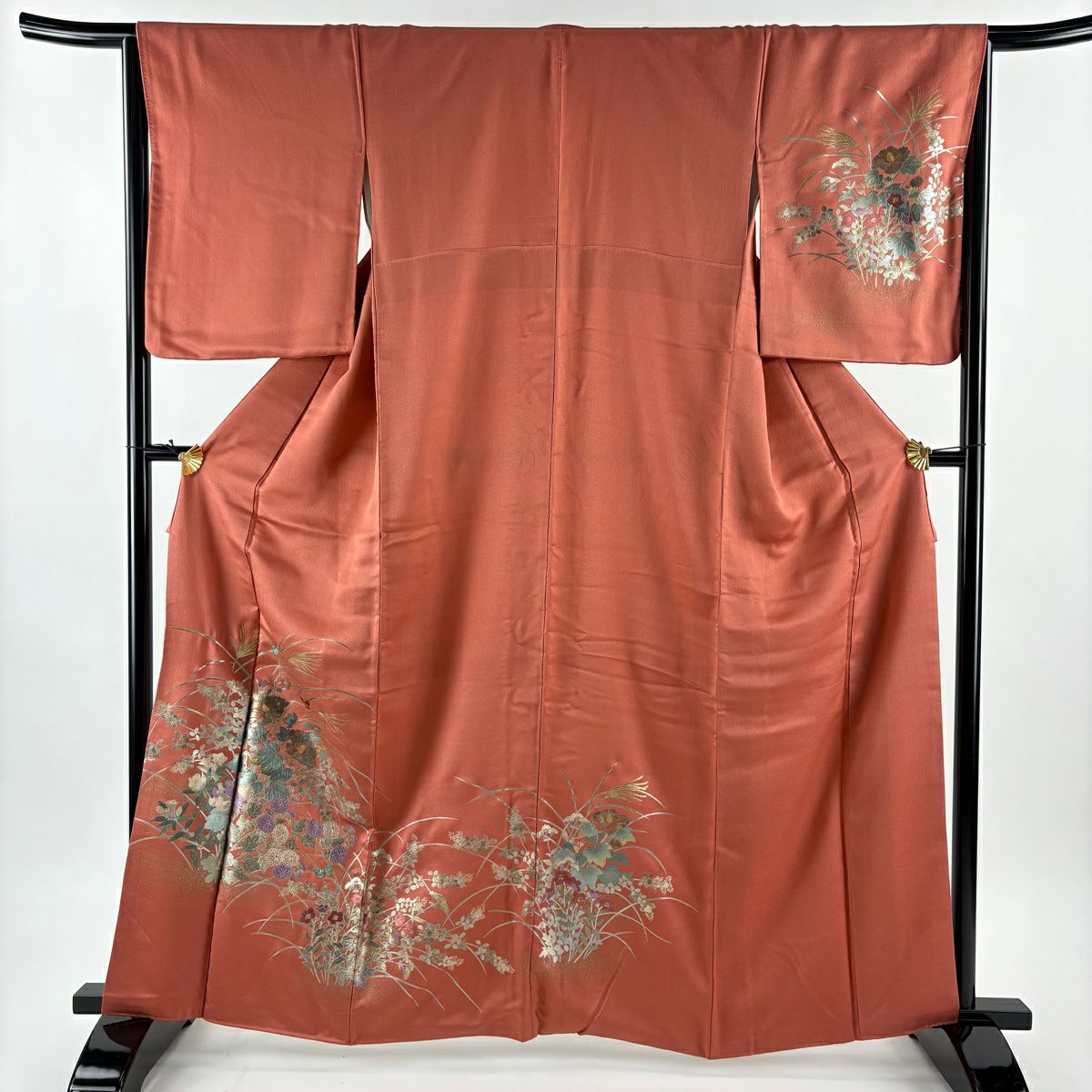 付下 身長161.5cm 袖長65.5cm M 雙層 秋草 蝶 金銀彩 茜 純蠶絲 秀品級 一つ紋