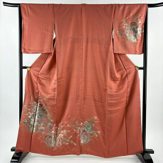 付下 身長161.5cm 袖長65.5cm M 雙層 秋草 蝶 金銀彩 茜 純蠶絲 秀品級 一つ紋