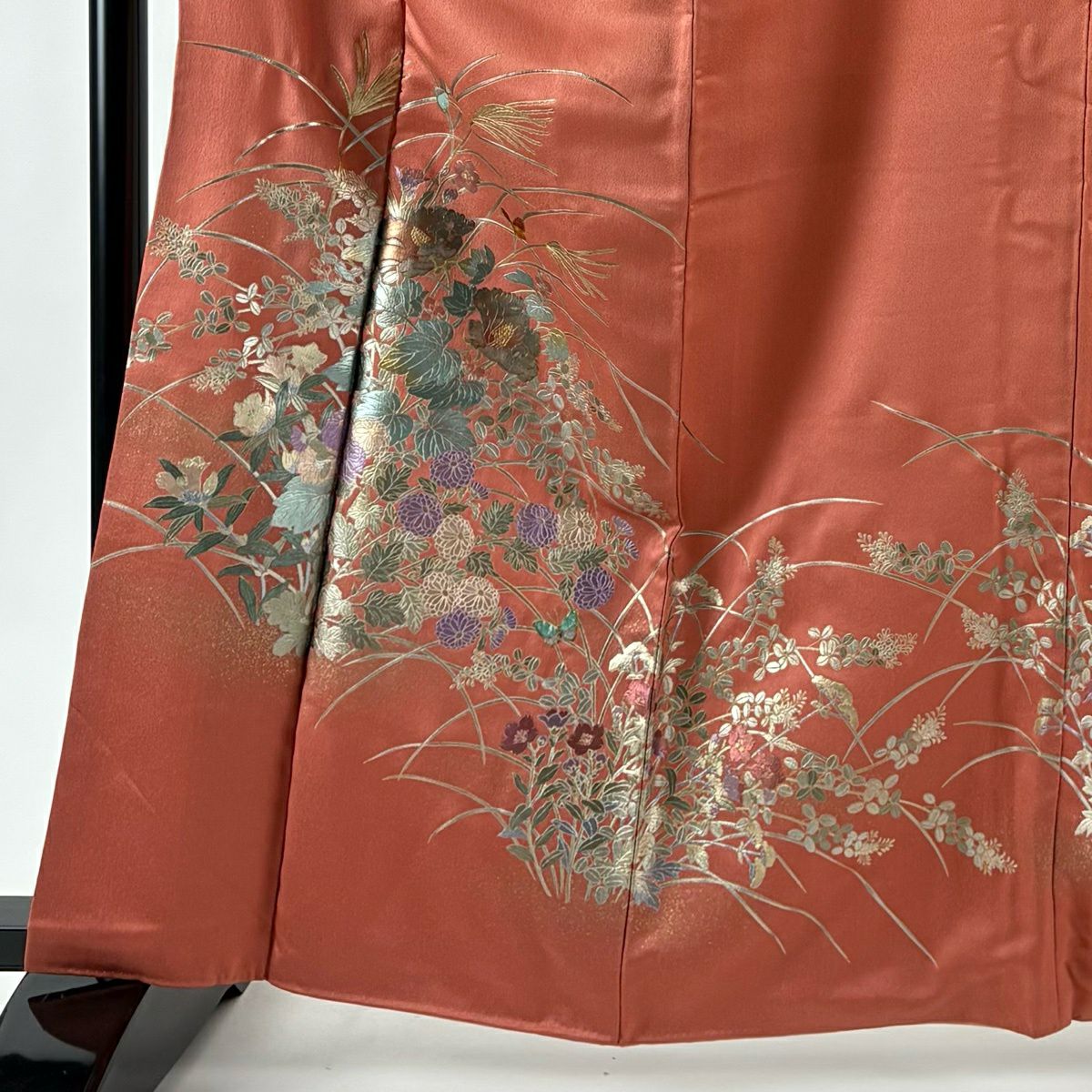 付下 身長161.5cm 袖長65.5cm M 雙層 秋草 蝶 金銀彩 茜 純蠶絲 秀品級 一つ紋