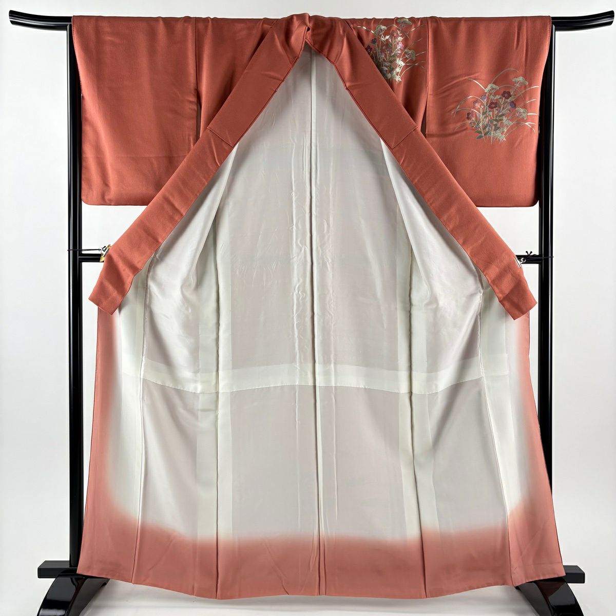 付下 身長161.5cm 袖長65.5cm M 雙層 秋草 蝶 金銀彩 茜 純蠶絲 秀品級 一つ紋