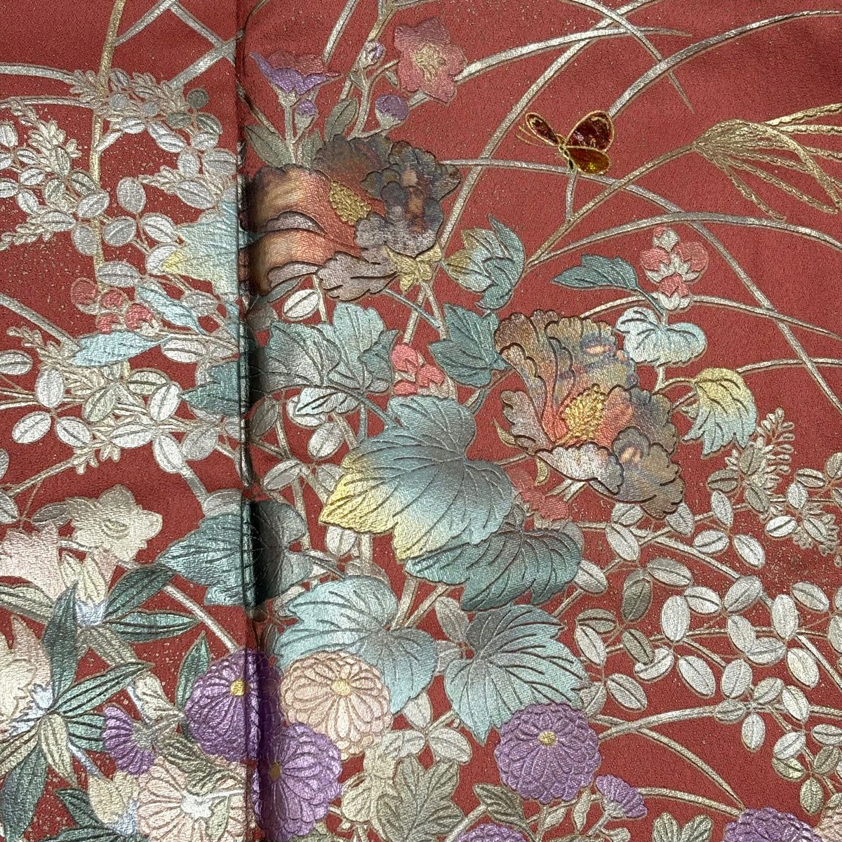付下 身長161.5cm 袖長65.5cm M 雙層 秋草 蝶 金銀彩 茜 純蠶絲 秀品級 一つ紋