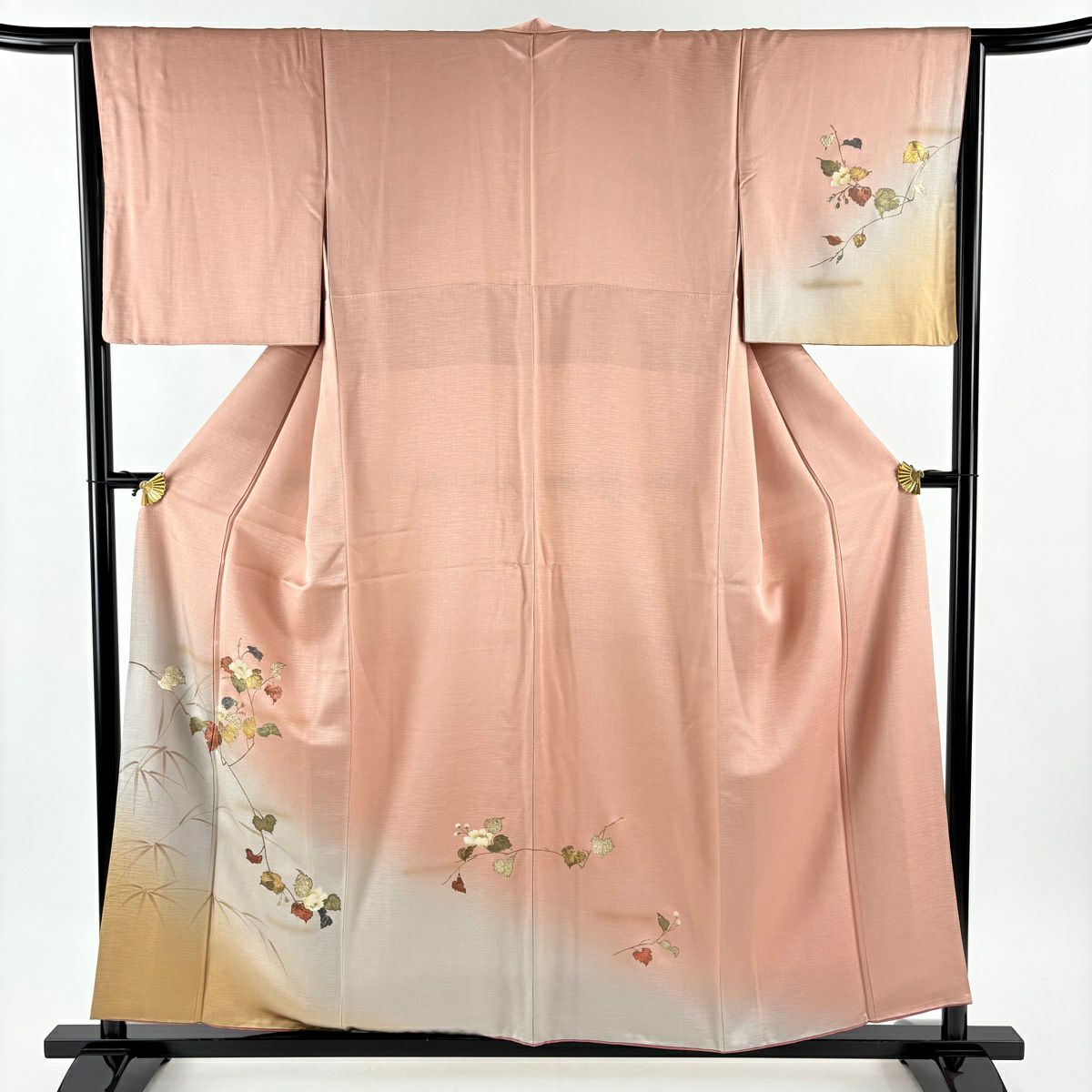付下 身長156cm 袖長64.5cm M 雙層 枝花 蘆竹子 螺鈿 金銀彩 粉米色 純蠶絲 優品級
