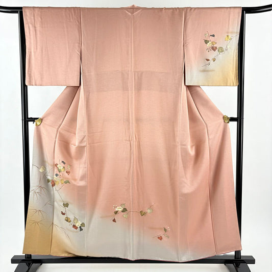付下 身長156cm 袖長64.5cm M 雙層 枝花 蘆竹子 螺鈿 金銀彩 粉米色 純蠶絲 優品級