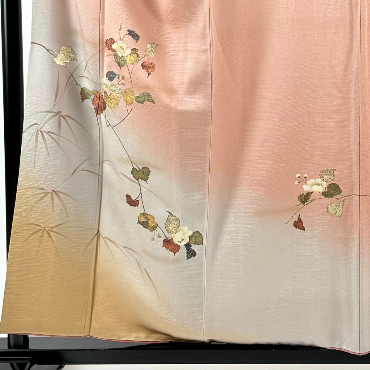 付下 身長156cm 袖長64.5cm M 雙層 枝花 蘆竹子 螺鈿 金銀彩 粉米色 純蠶絲 優品級