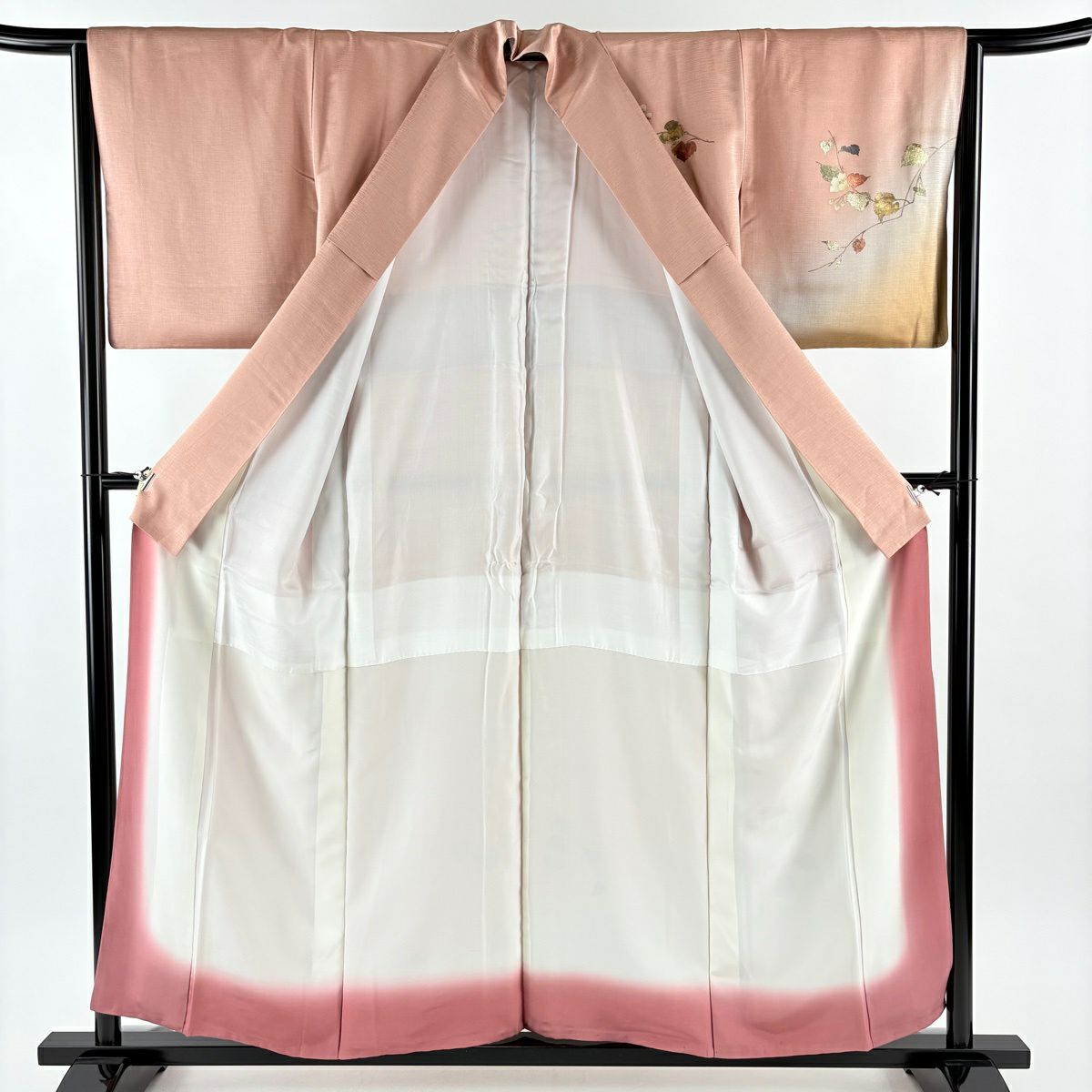 付下 身長156cm 袖長64.5cm M 雙層 枝花 蘆竹子 螺鈿 金銀彩 粉米色 純蠶絲 優品級
