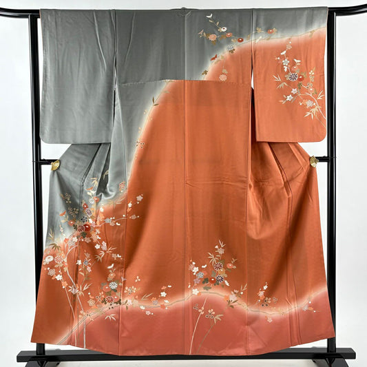 訪問服 身長156cm 袖長62.5cm S 雙層 菊花 枝梅花 金彩裝飾 染分 灰 純蠶絲 秀品級