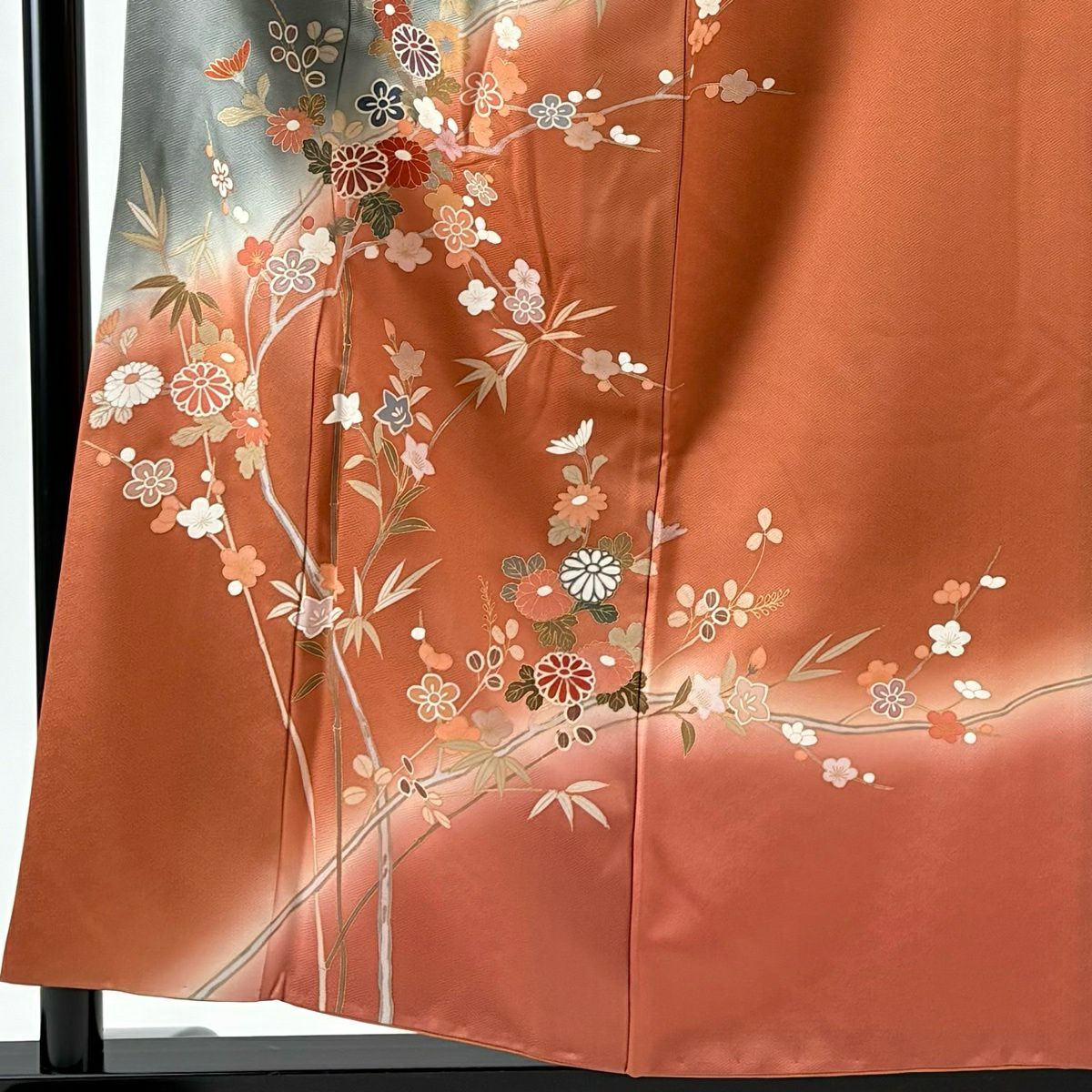 訪問服 身長156cm 袖長62.5cm S 雙層 菊花 枝梅花 金彩裝飾 染分 灰 純蠶絲 秀品級