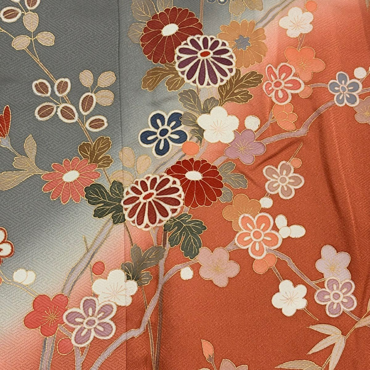 訪問服 身長156cm 袖長62.5cm S 雙層 菊花 枝梅花 金彩裝飾 染分 灰 純蠶絲 秀品級