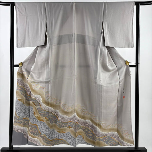 色留袖禮服 身長153cm 袖長62.5cm S 單層 有落款 観世水 葉 金銀彩 漸層 灰色 純蠶絲 優品級 一個紋