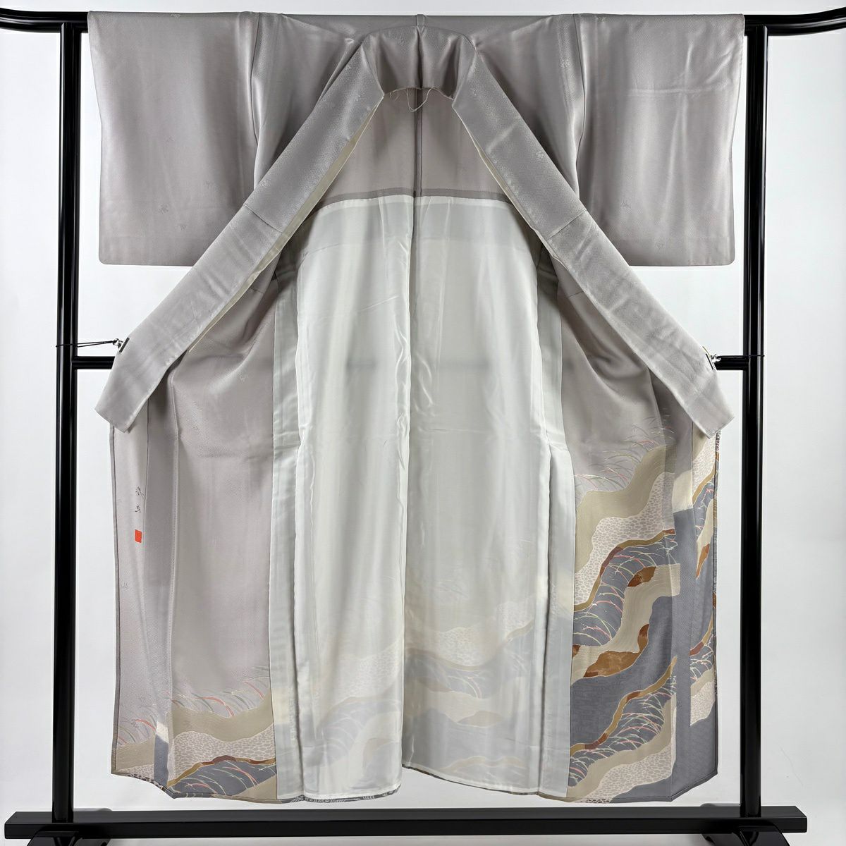 色留袖禮服 身長153cm 袖長62.5cm S 單層 有落款 観世水 葉 金銀彩 漸層 灰色 純蠶絲 優品級 一個紋