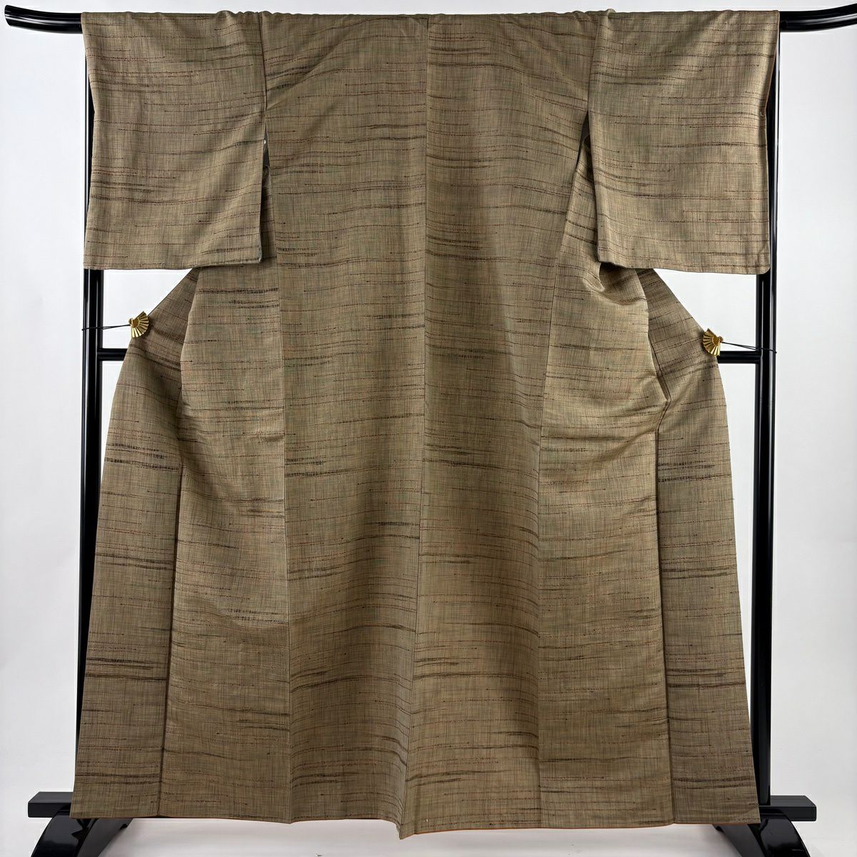 【美品】 紬織 身長161cm 袖長68cm L 雙層 條紋 茶綠 純蠶絲 秀品級
