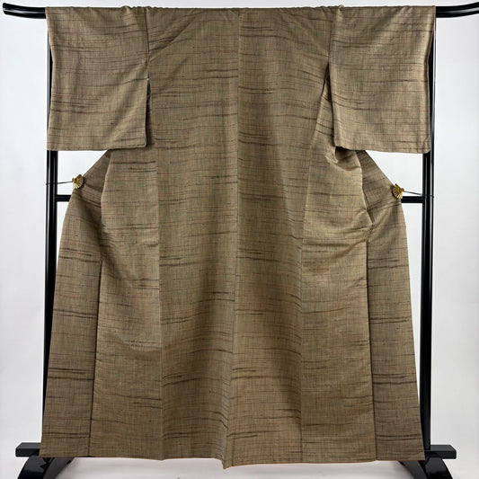 【美品】 紬織 身長161cm 袖長68cm L 雙層 條紋 茶綠 純蠶絲 秀品級