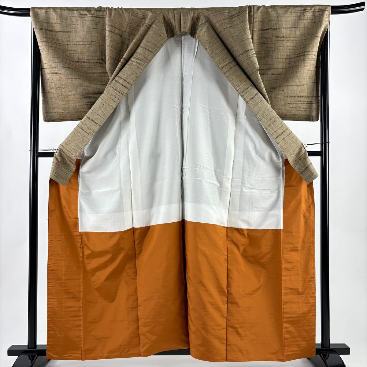【美品】 紬織 身長161cm 袖長68cm L 雙層 條紋 茶綠 純蠶絲 秀品級