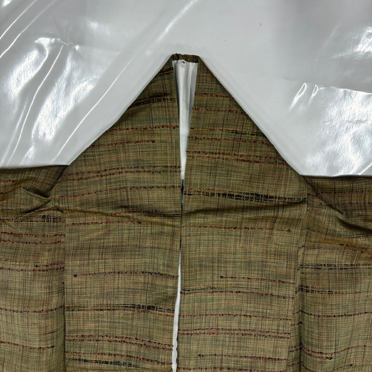 【美品】 紬織 身長161cm 袖長68cm L 雙層 條紋 茶綠 純蠶絲 秀品級