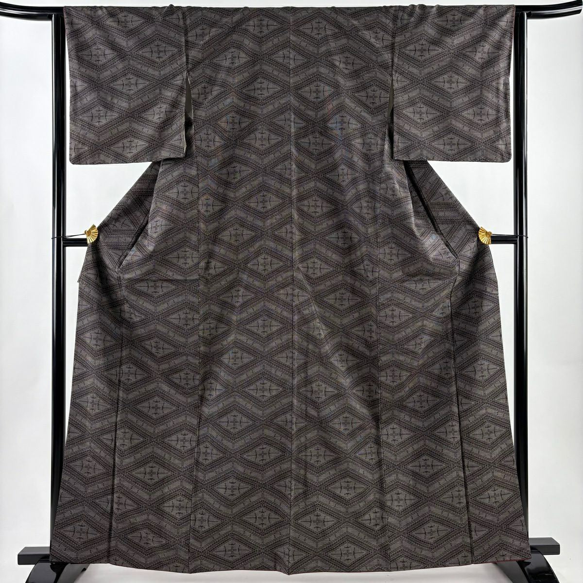 【美品】 紬織 身長163cm 袖長63.5cm S 雙層 菱形 幾何圖案 黑灰 純蠶絲 優品級