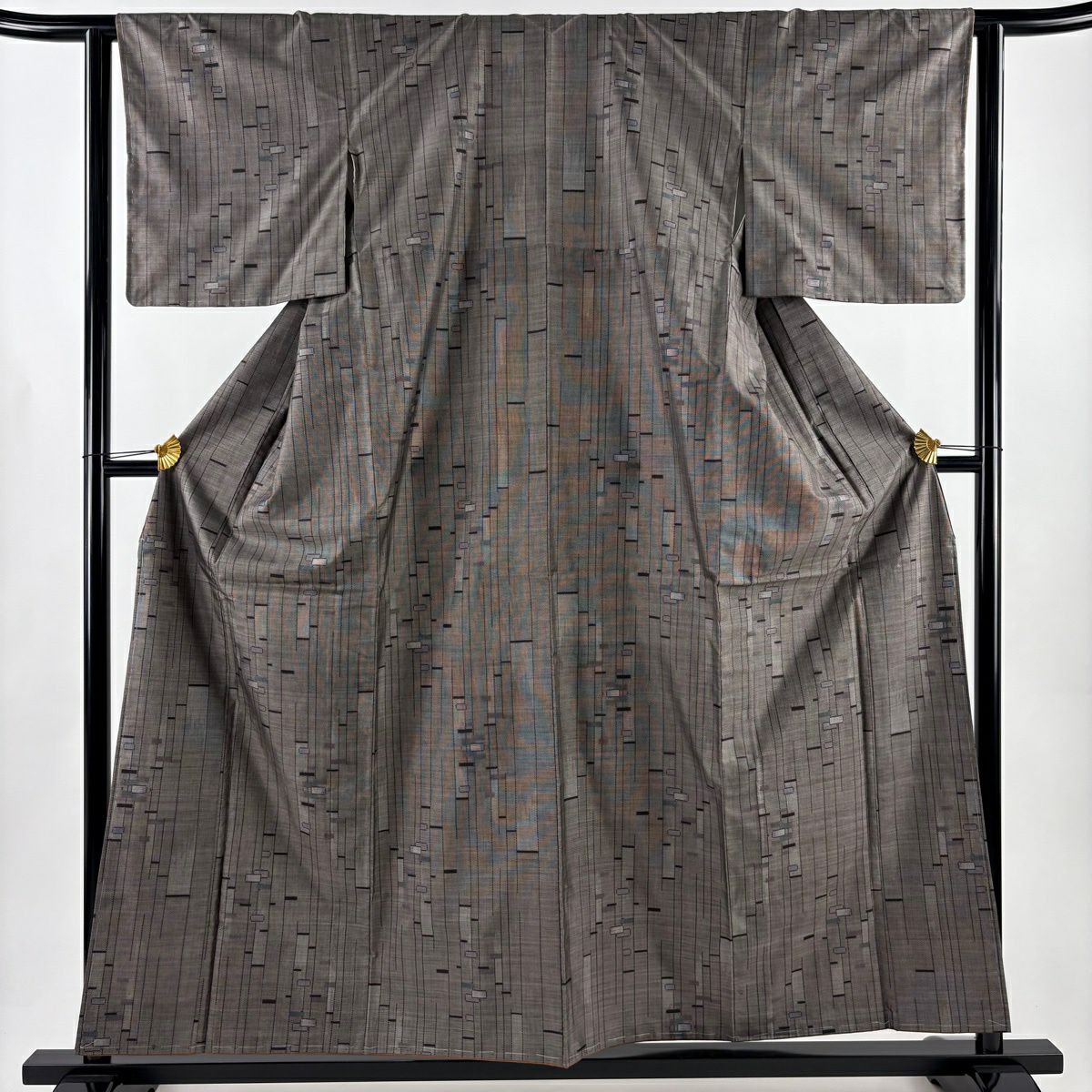 【美品】 紬織 身長157cm 袖長62.5cm S 雙層 縱條 幾何圖案 焦茶 純蠶絲 秀品級