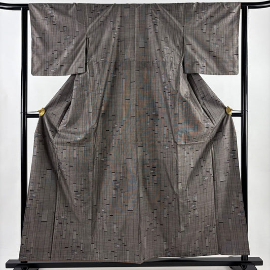 【美品】 紬織 身長157cm 袖長62.5cm S 雙層 縱條 幾何圖案 焦茶 純蠶絲 秀品級