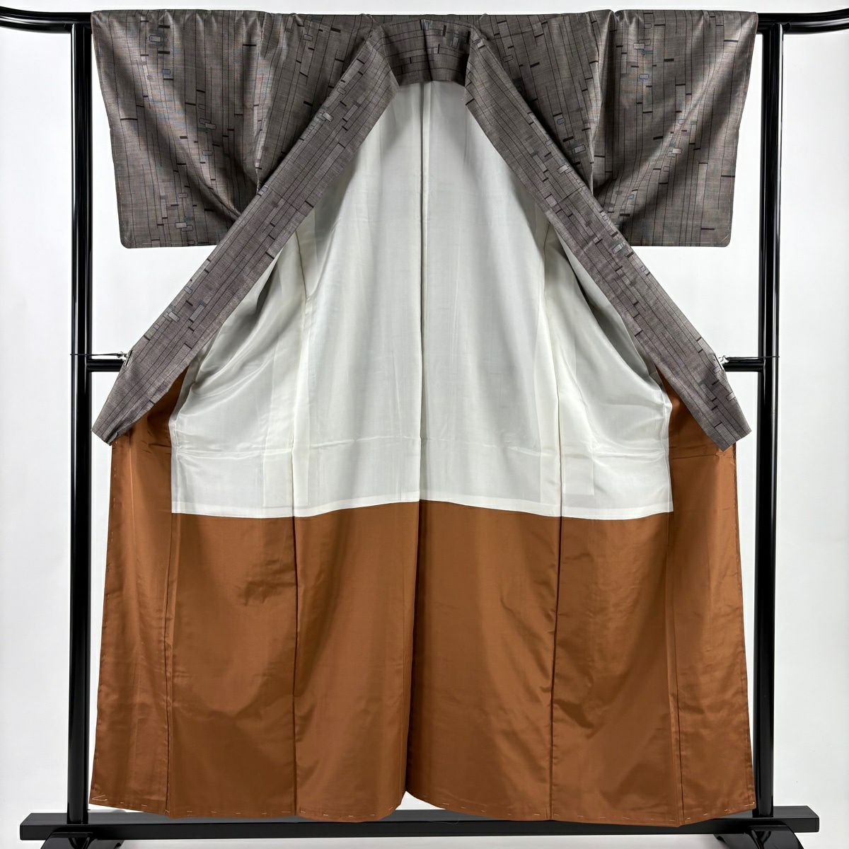 【美品】 紬織 身長157cm 袖長62.5cm S 雙層 縱條 幾何圖案 焦茶 純蠶絲 秀品級