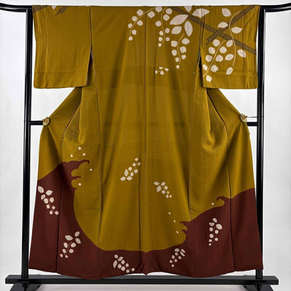 【美品】訪問服 身長154cm 袖長64cm M 雙層 葉 波頭 絞染 分染 山吹茶 純蠶絲 秀品級