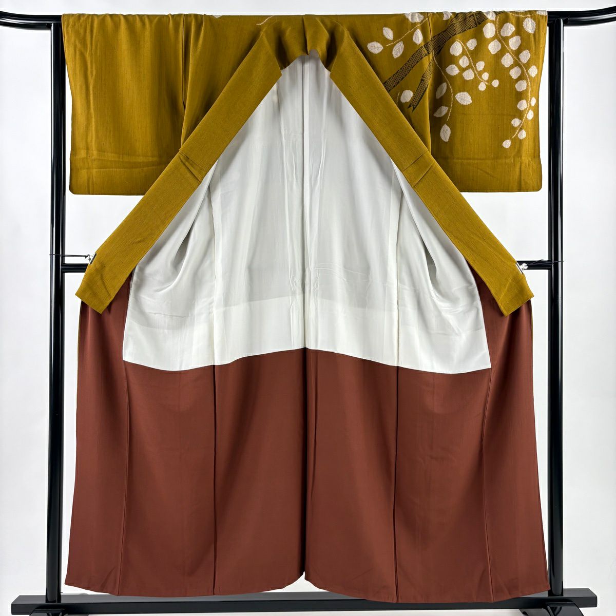 【美品】訪問服 身長154cm 袖長64cm M 雙層 葉 波頭 絞染 分染 山吹茶 純蠶絲 秀品級