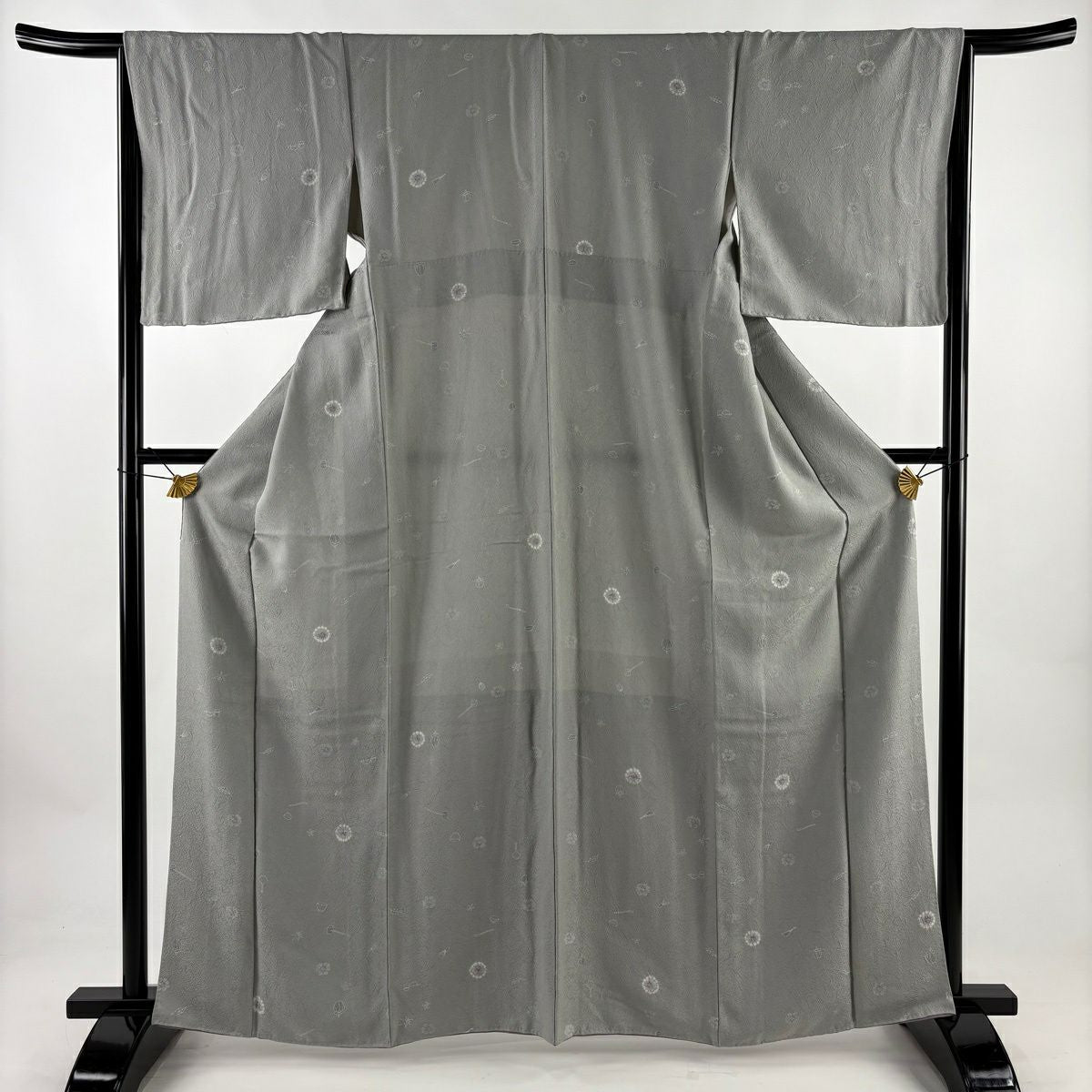 【美品】 小紋 身長163cm 袖長66cm M 雙層 茶器 花 絞染 灰色 純蠶絲 秀品級