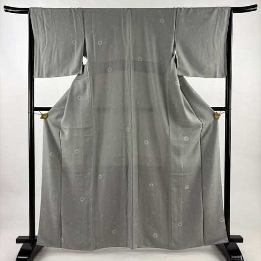 【美品】 小紋 身長163cm 袖長66cm M 雙層 茶器 花 絞染 灰色 純蠶絲 秀品級