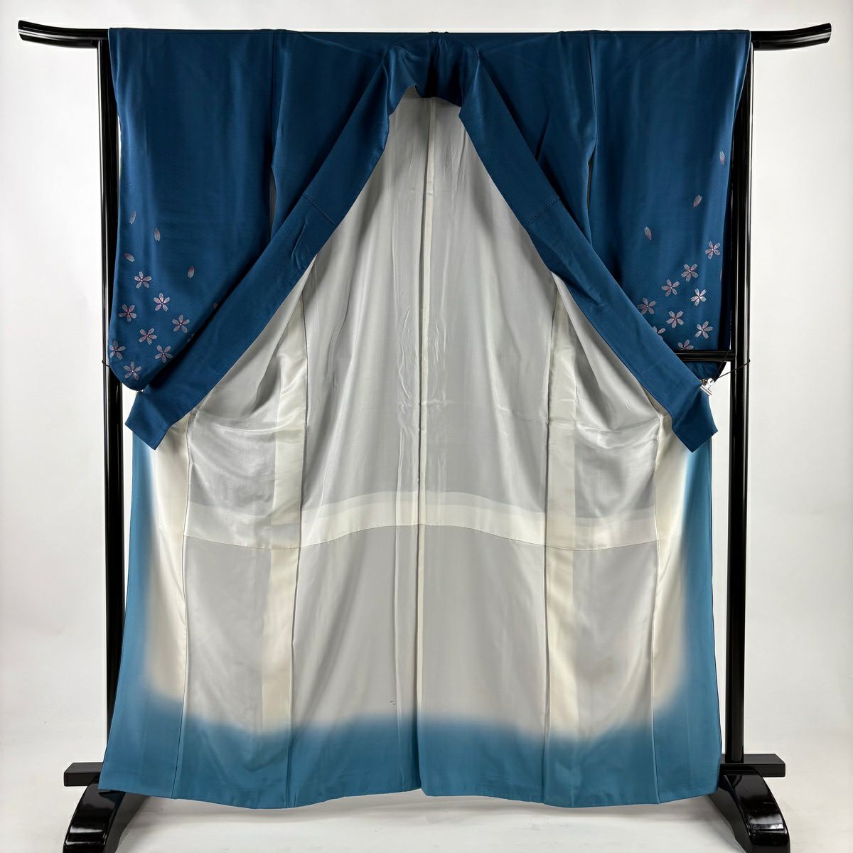 振袖禮服 身長163.5cm 袖長64.5cm M 雙層 二尺袖 樱花花瓣 金銀彩 拉麵 深藍 純蠶絲 優品級