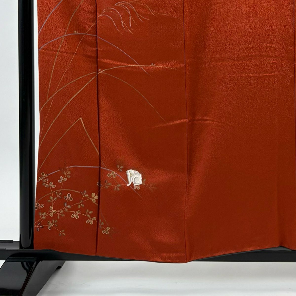 付下 身長156.5cm 袖長64cm M 雙層 大和 兔子 萩 刺繡 金銀彩 紅茶 純蠶絲 優品級