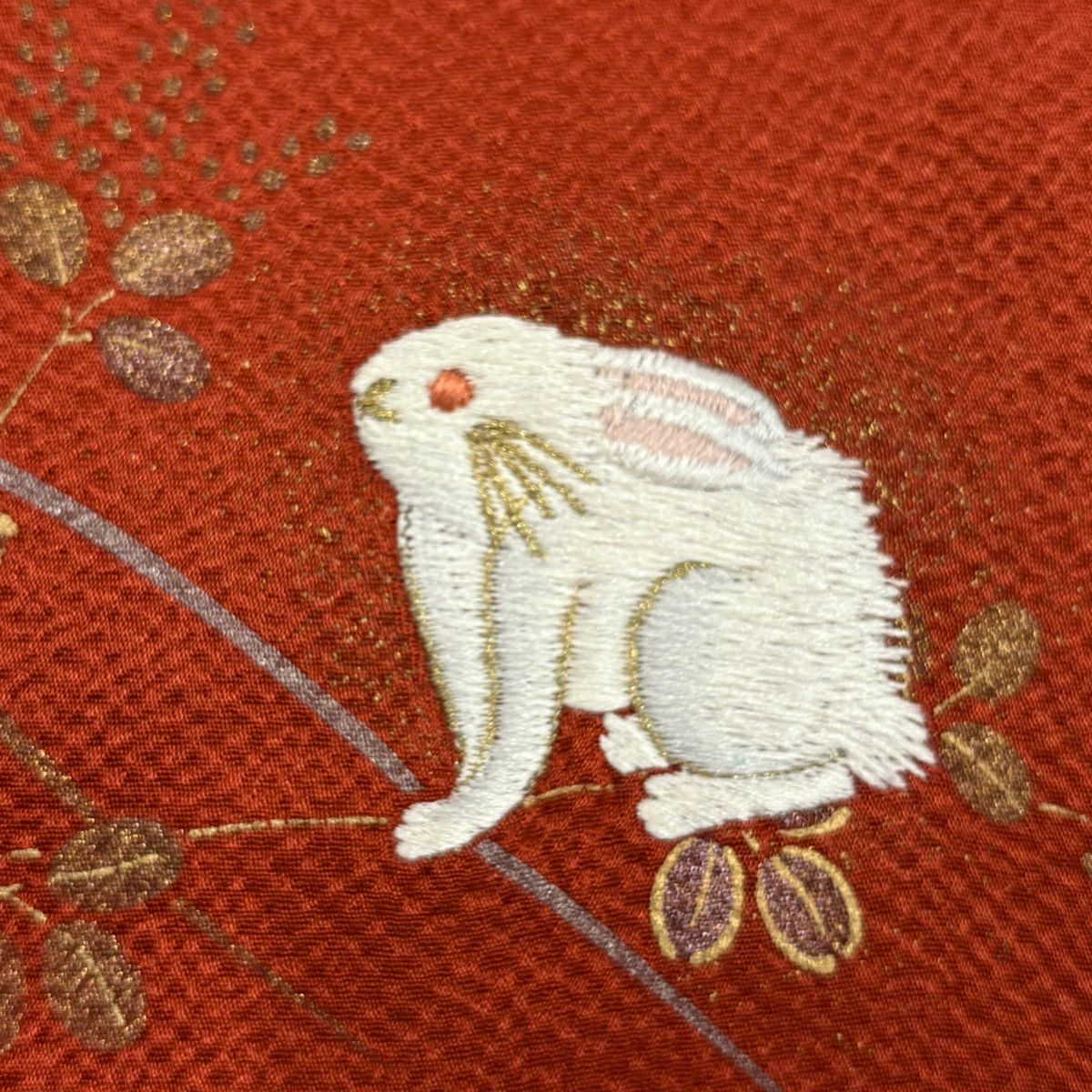 付下 身長156.5cm 袖長64cm M 雙層 大和 兔子 萩 刺繡 金銀彩 紅茶 純蠶絲 優品級