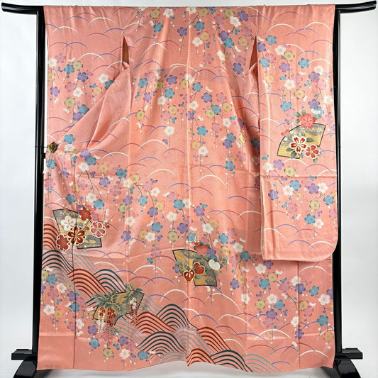 振袖禮服 身長164cm 袖長66cm M 雙層 鈴乃屋 扇子面 梅花 金絲 金銀彩 粉色 純蠶絲 秀品級