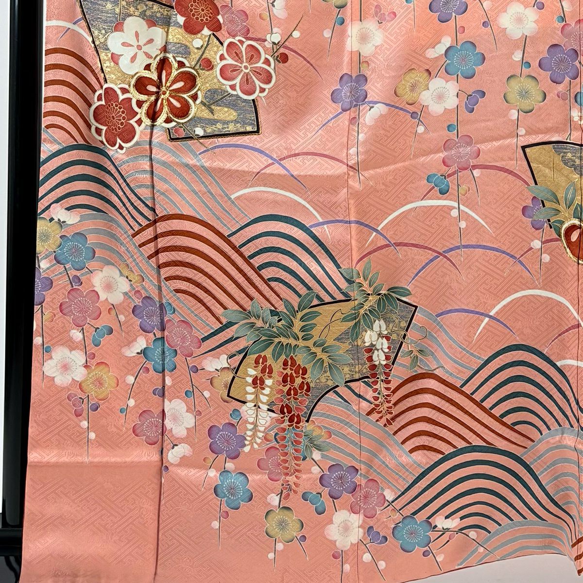 振袖禮服 身長164cm 袖長66cm M 雙層 鈴乃屋 扇子面 梅花 金絲 金銀彩 粉色 純蠶絲 秀品級