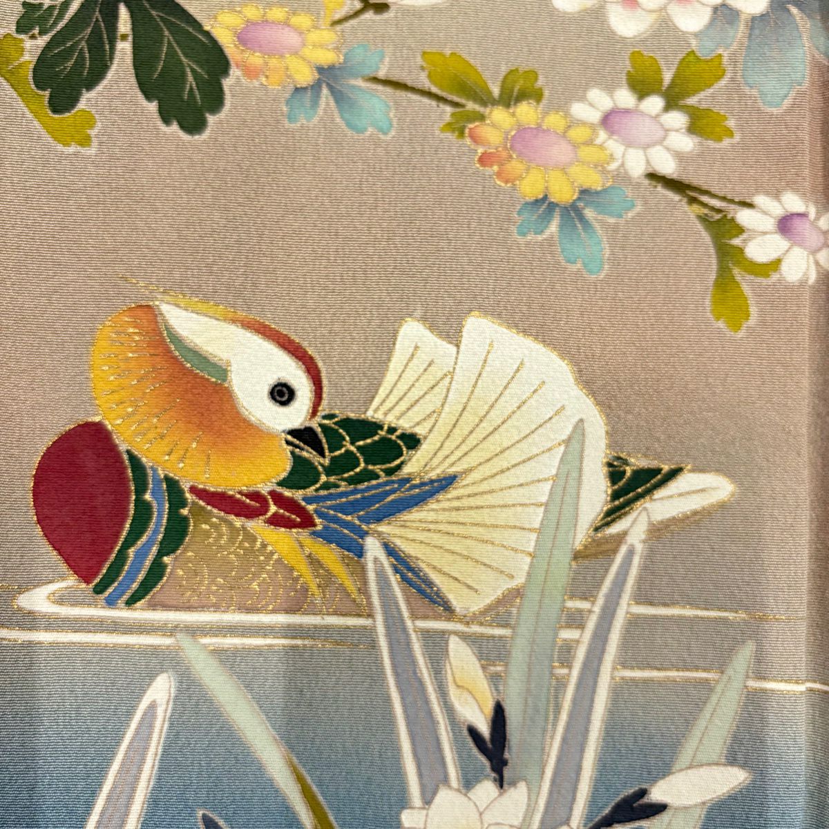 黑留袖禮服 身長161.5cm 袖長64cm M 雙層 有落款 鴛鴦 菊花花 金銀彩 漸層 黑 純蠶絲 優品級