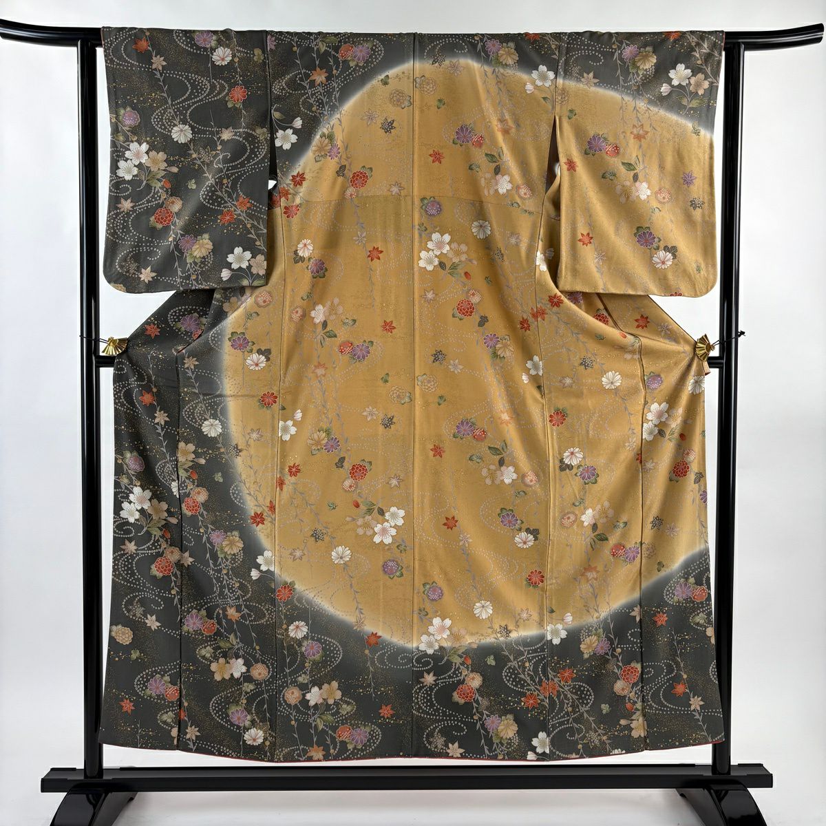 訪問服 身長153cm 袖長61.5cm S 雙層 櫻花 流水 金彩裝飾 染分 灰色 純蠶絲 秀品級