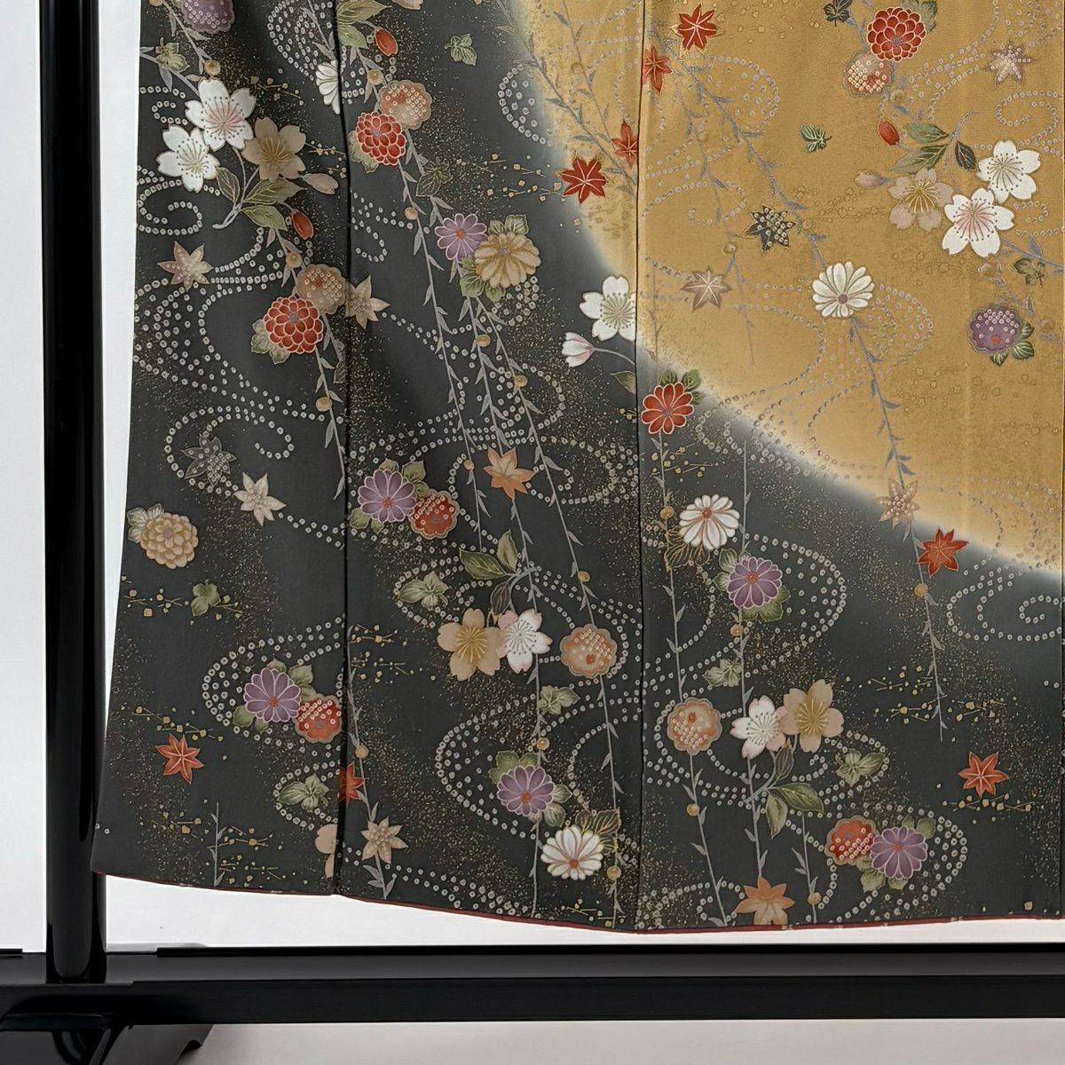 訪問服 身長153cm 袖長61.5cm S 雙層 櫻花 流水 金彩裝飾 染分 灰色 純蠶絲 秀品級