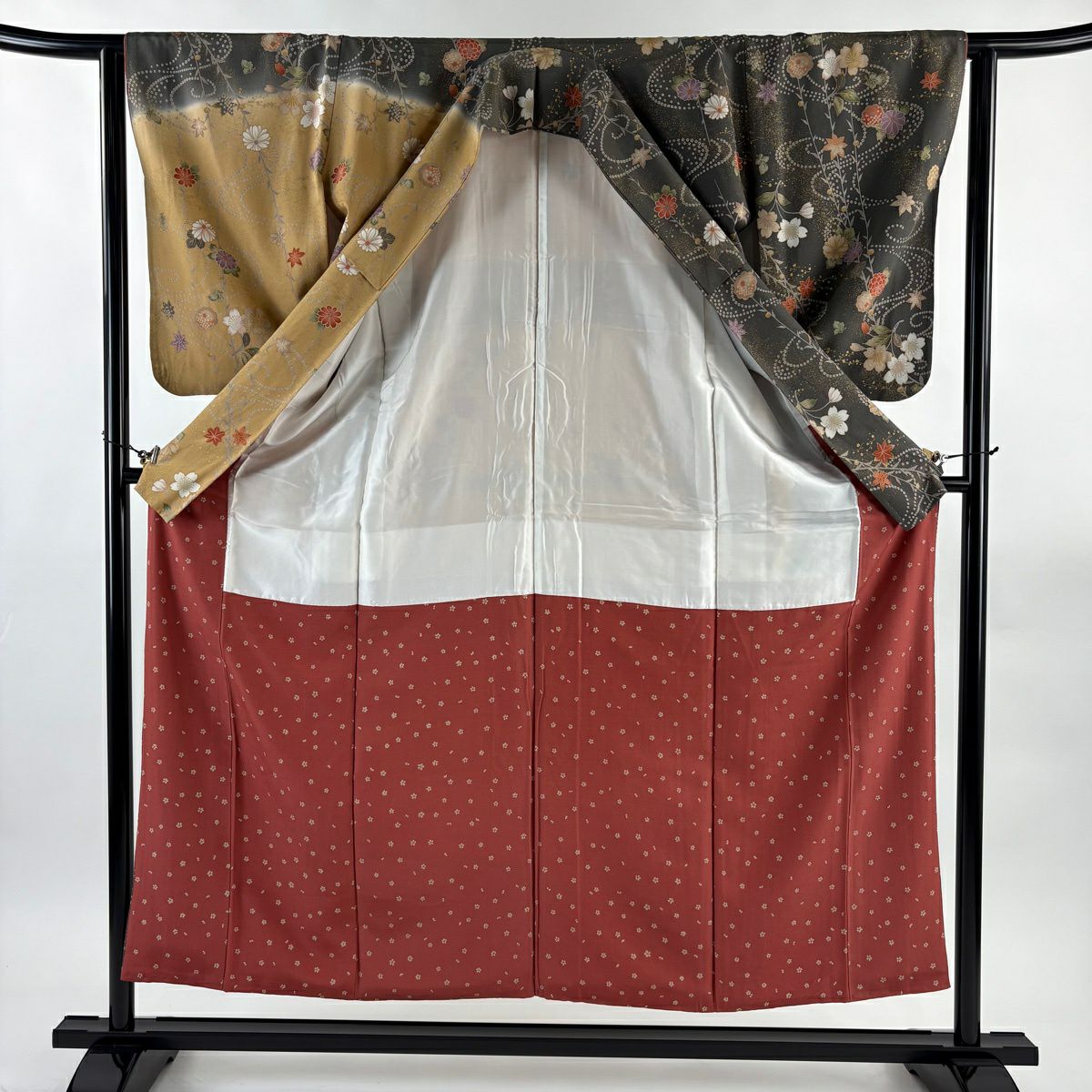 訪問服 身長153cm 袖長61.5cm S 雙層 櫻花 流水 金彩裝飾 染分 灰色 純蠶絲 秀品級