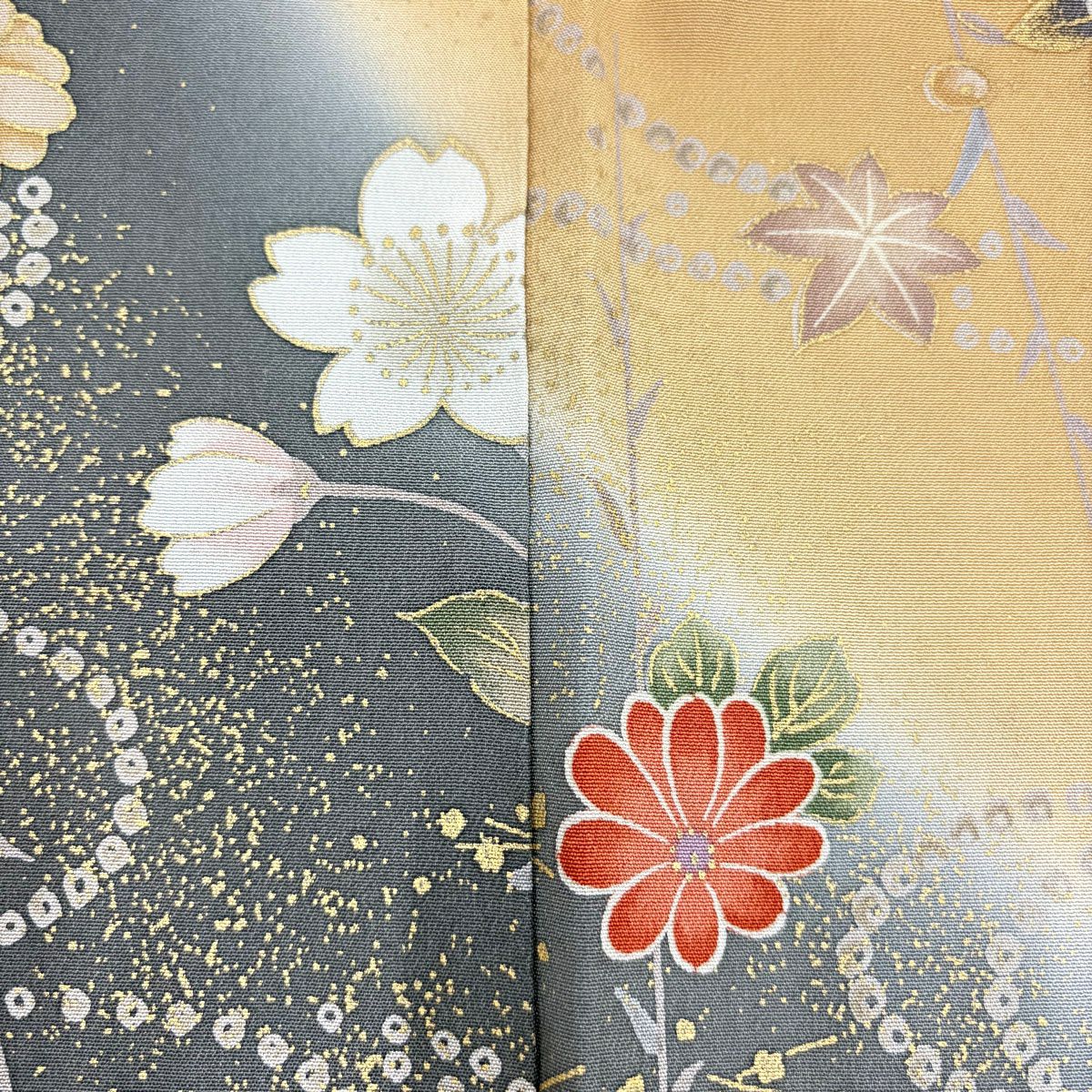 訪問服 身長153cm 袖長61.5cm S 雙層 櫻花 流水 金彩裝飾 染分 灰色 純蠶絲 秀品級