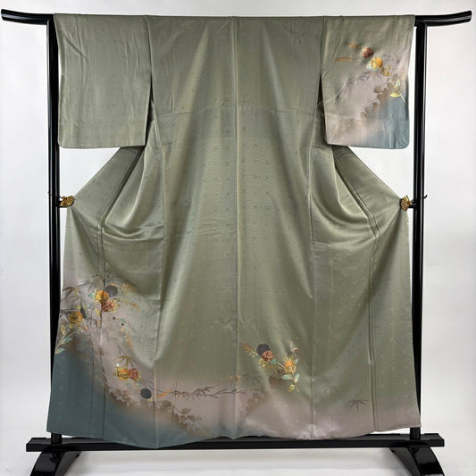 付下 身長157cm 袖長63.5cm S 雙層 草花紋紋 地紋 金銀彩 螺鈿 灰綠 純蠶絲 秀品級