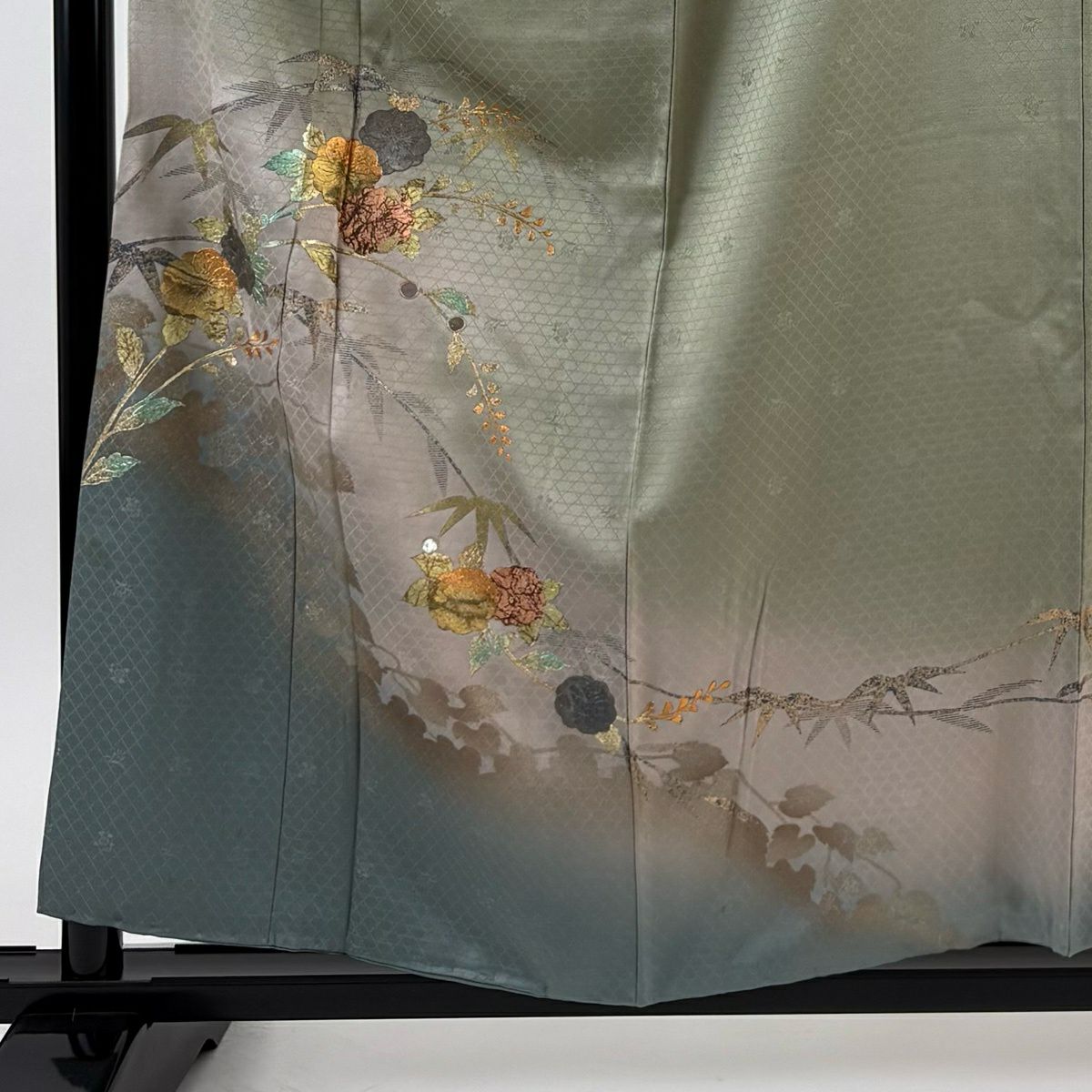 付下 身長157cm 袖長63.5cm S 雙層 草花紋紋 地紋 金銀彩 螺鈿 灰綠 純蠶絲 秀品級