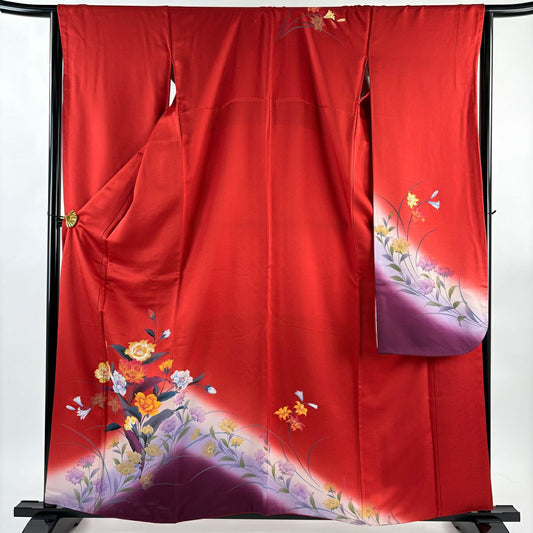 【美品】振袖禮服 身長159cm 袖長65cm M 雙層 草花紋紋 漸層 紅 純蠶絲 優品級
