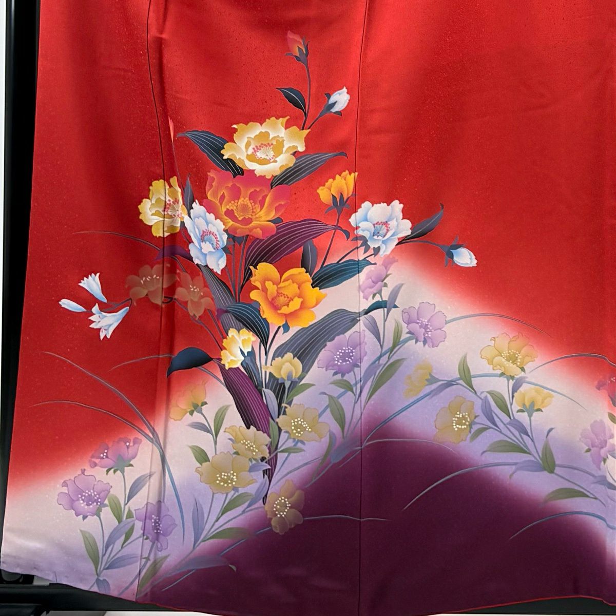 【美品】振袖禮服 身長159cm 袖長65cm M 雙層 草花紋紋 漸層 紅 純蠶絲 優品級