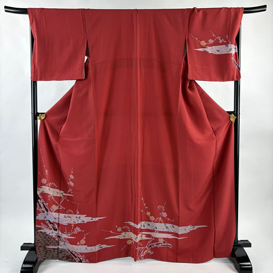 【美品】 付下 身長167cm 袖長68.5cm L 雙層 霞 枝花 茜 純蠶絲 秀品級