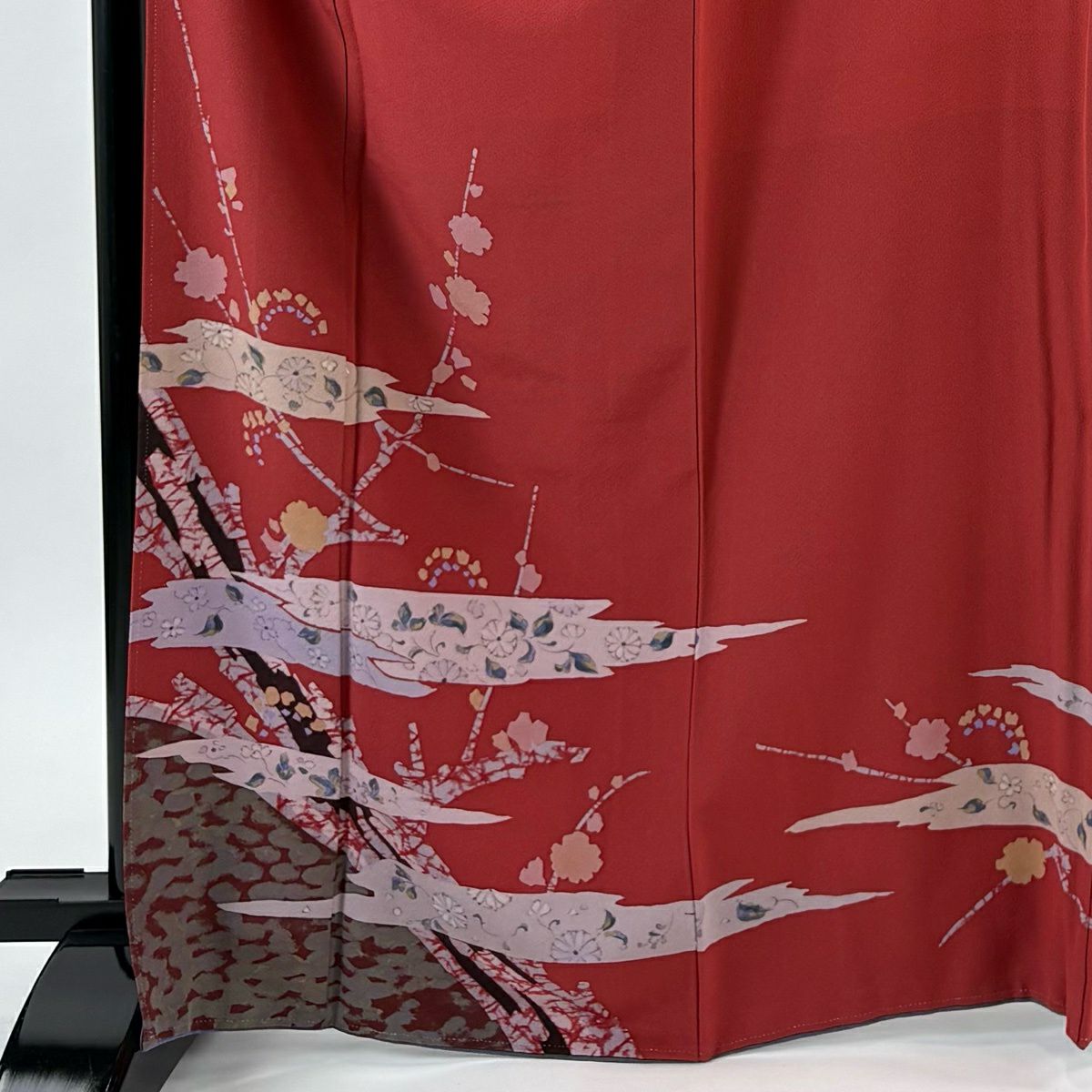 【美品】 付下 身長167cm 袖長68.5cm L 雙層 霞 枝花 茜 純蠶絲 秀品級