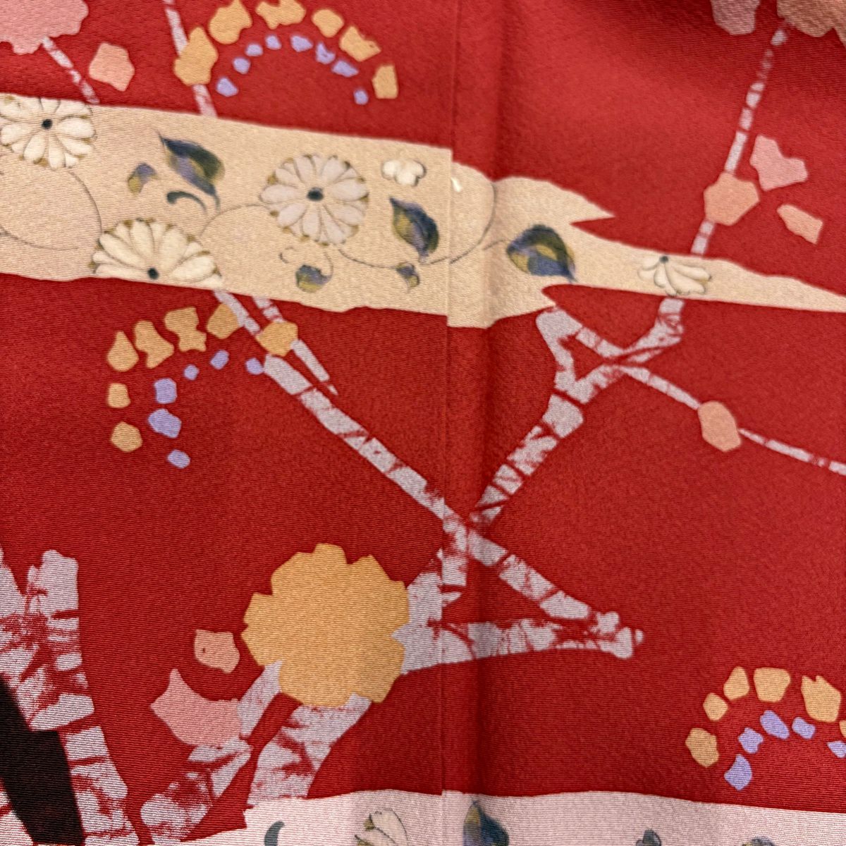 【美品】 付下 身長167cm 袖長68.5cm L 雙層 霞 枝花 茜 純蠶絲 秀品級