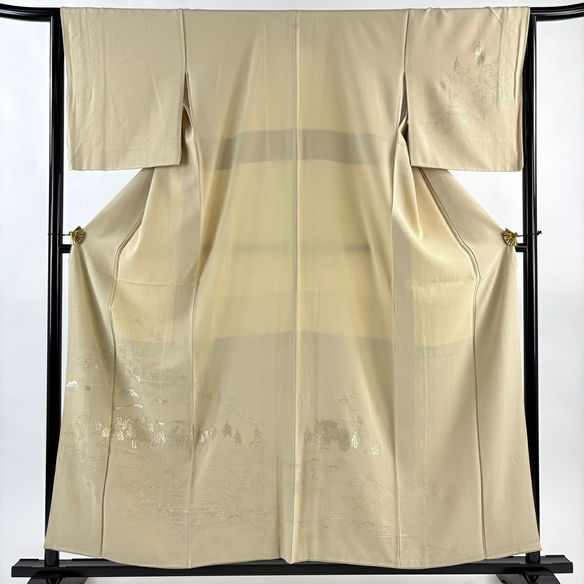 付下 身長156cm 袖長63.5cm S 雙層 大名行列 雲紋 刺繡 金線 米色 純蠶絲 優品級 一個紋