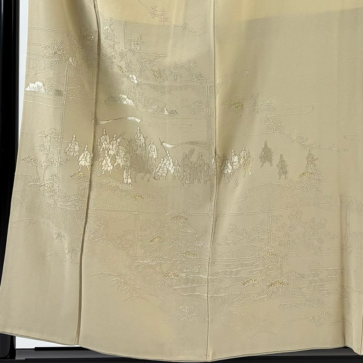 付下 身長156cm 袖長63.5cm S 雙層 大名行列 雲紋 刺繡 金線 米色 純蠶絲 優品級 一個紋