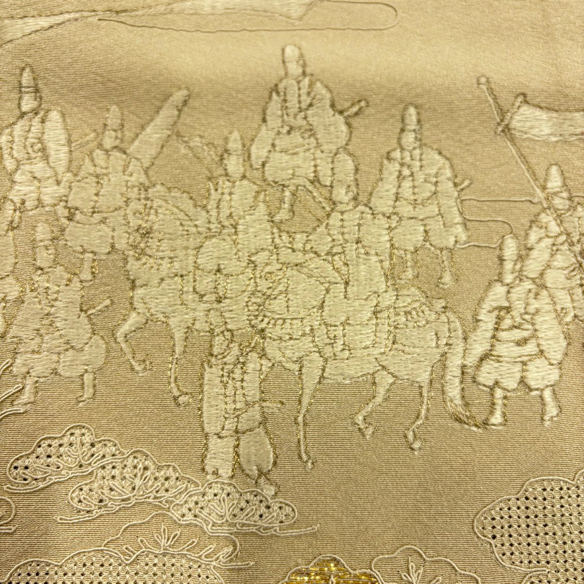 付下 身長156cm 袖長63.5cm S 雙層 大名行列 雲紋 刺繡 金線 米色 純蠶絲 優品級 一個紋